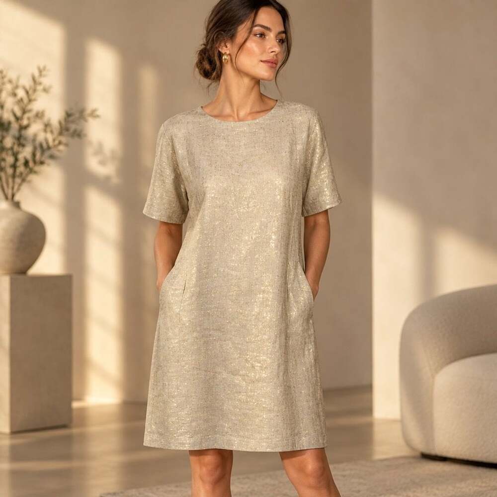 Eileen Fisher Organic Linen Dress Size L Gold Metallic Short Sleeve Shift
